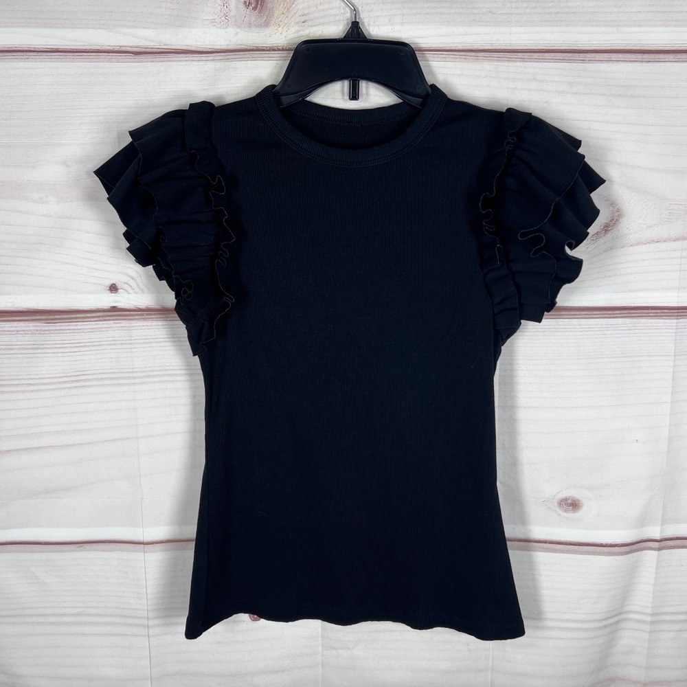 Unbranded Ruffle Sleeve Top Womens Medium Black Ribbed Knit Casual Stretch Solid